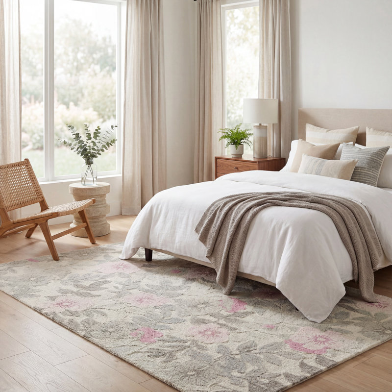 Tapis fait à la main Frances, Rectangle 5 pi x 7 pi 6 po, Rose / ivoire / gris