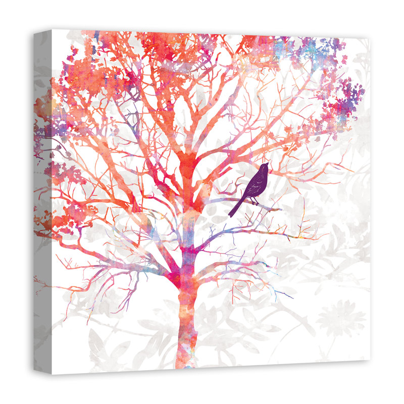 «Bird in Red Tree», reproduction d'art sur toile tendue à l'aquarelle, H 12 po x l 12 po, Toile