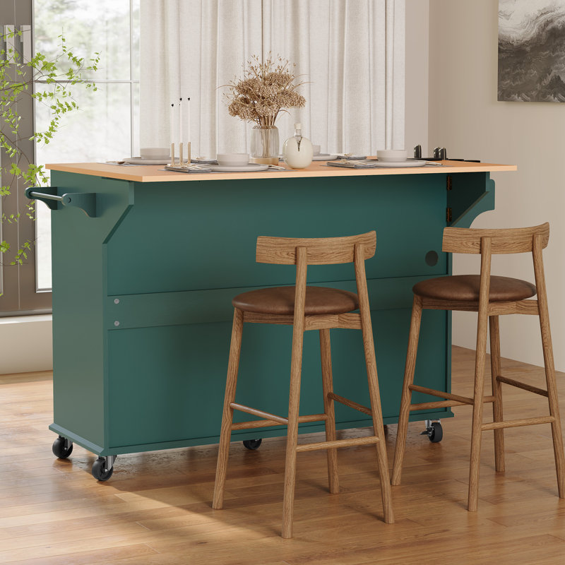 Îlot de cuisine moderne de style Mid-Century, 121 cm de large, sur roulettes, avec tiroir, tablette ouverte et espace de rangement pour les déchets.