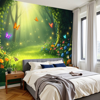 Magic Peel and Stick Wallpaper Enchanting Forest Path Butterflies Colorful Flowers Under Wall Murals 100"H x 144"W Removable PVC Wall Paper Self-Adhesive Wall Decor for Nursery Kids Bedroom Living Room Home Office