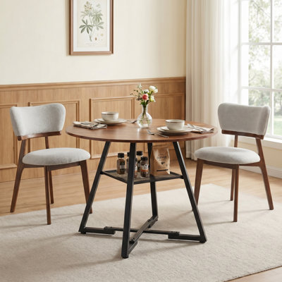 Industrial Round 42in Rust Brown Dining Table & 2-piece Light Gray Upholstered Solid Wood Dining Chair, Fixed Kitchen Table With Mesh Storage Shelf An