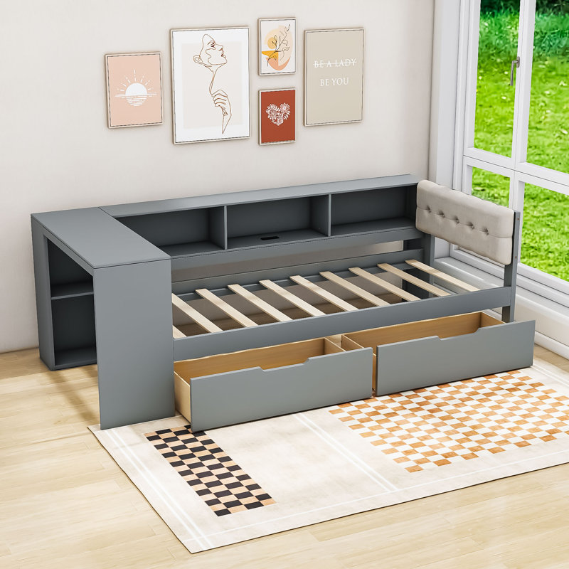 Lit de jour à deux tiroirs en bois avec tablettes de rangement et station de charge, Simple, Gris
