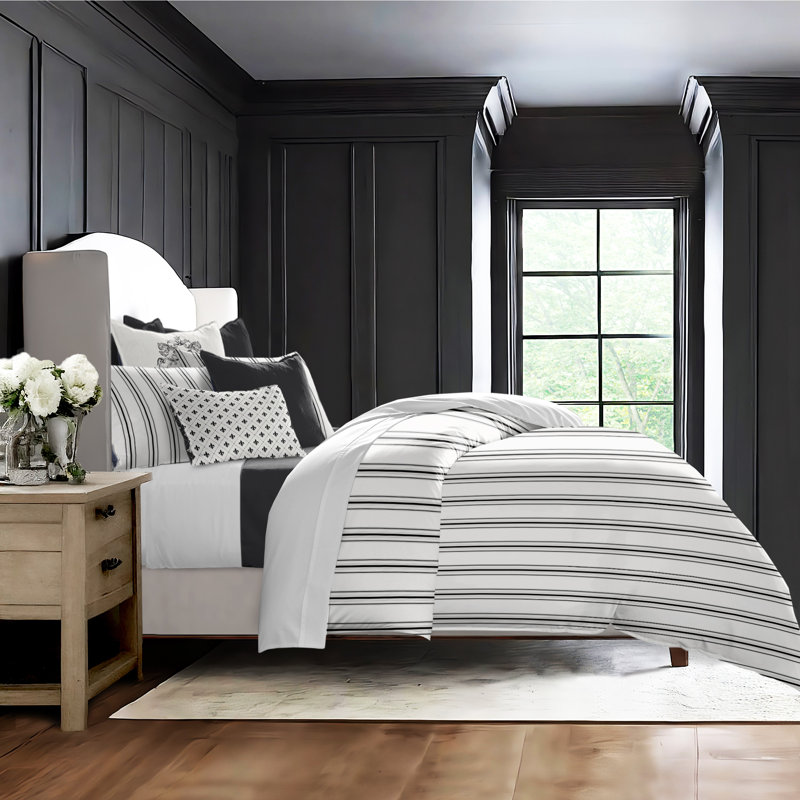 August Stripe Reversible Cotton Duvet Cover Set, Cal.King Duvet Cover + 2 King Shams, Ebony