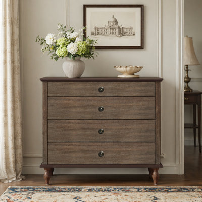 Large 4-Drawer Antique Dresser with Solid Wood Feet, Smooth-Gliding Storage and Safety Anti-Tip Kit for Bedroom or Nursery Use.