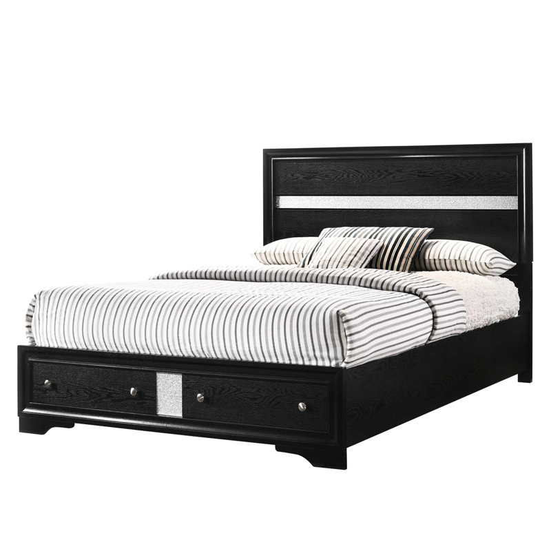 Lit traditionnel traditionnel en bois noir avec rangement intégré, glissières de tiroir à roulement, chambre de rangement, bois d'ingénierie, deux tiroirs pour coussins