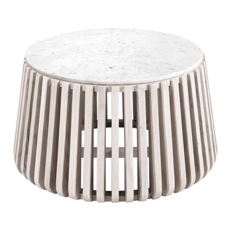 Round White Marble Top Coffee Table with Natural Wood Base