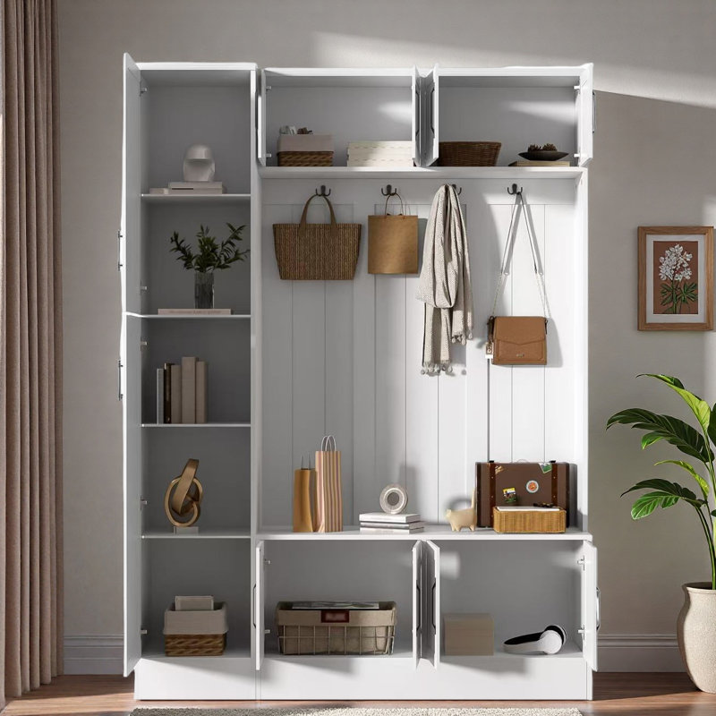4-in-1 Tall Modern Hall Tree With Shoe Storage,  Cabinets, Coat Hooks, Metal Handles And Adjustable Shelves, White