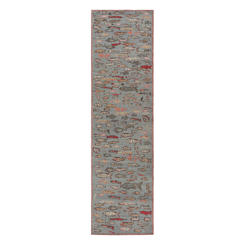 Rug & Kilim’S Mid-Century Style Runner Rug In Blue With Colorful Fish Pictorials, Rectangle 6' x 9'
