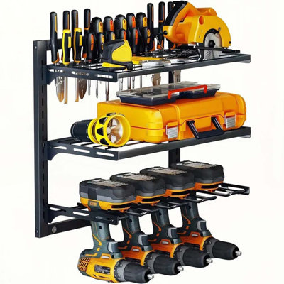 Support mural robuste en métal pour organisateur d'outils électriques, support de garage réglable à 3 niveaux, tablette d'atelier durable pour perceuses, tournevis, pinces