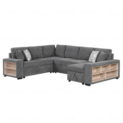 Toko Modern U-shaped Sectional Sofa With Pull Out Bed And Storage Chaise/Shelf & USB Ports
