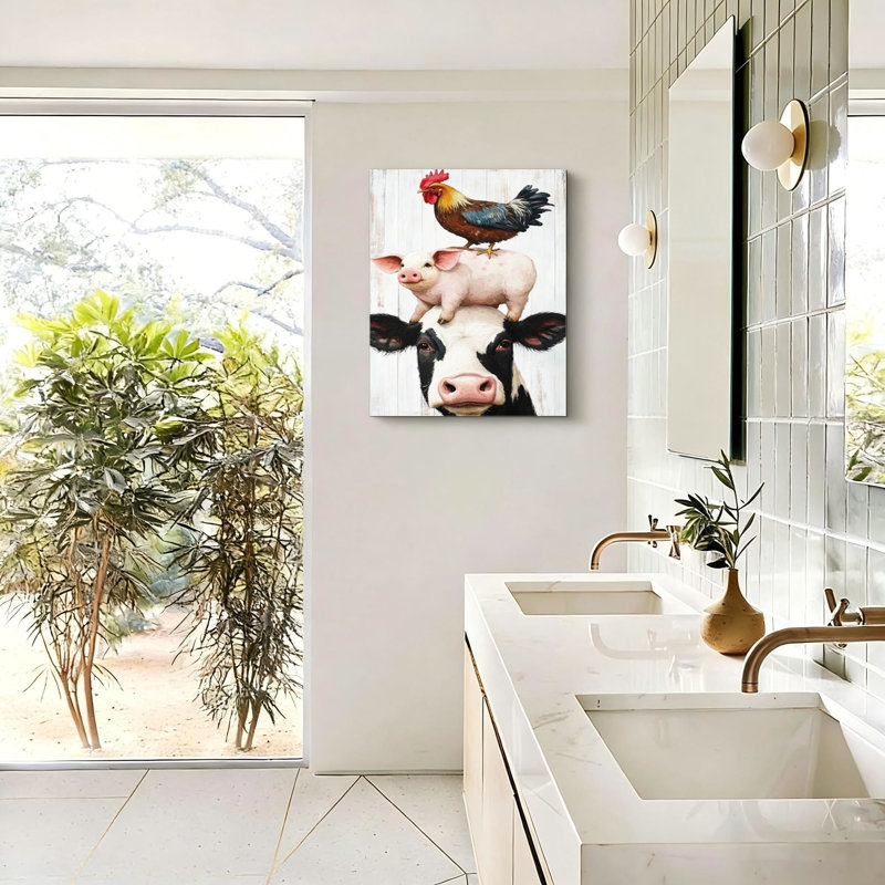 «Pink Farmhouse», art mural, cochon de vache et coq, cuisine, 16 x 20