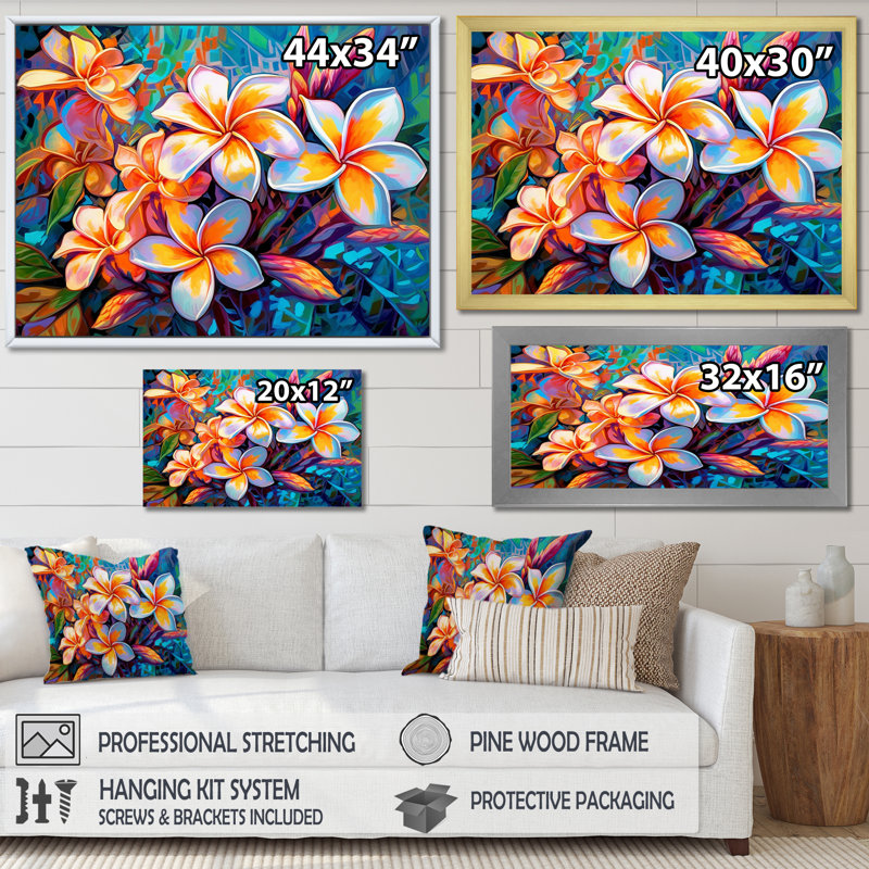 Art tropical sur toile, plumeria tropical, H 16 po x l 32 po x P 1 po, Toile tendue