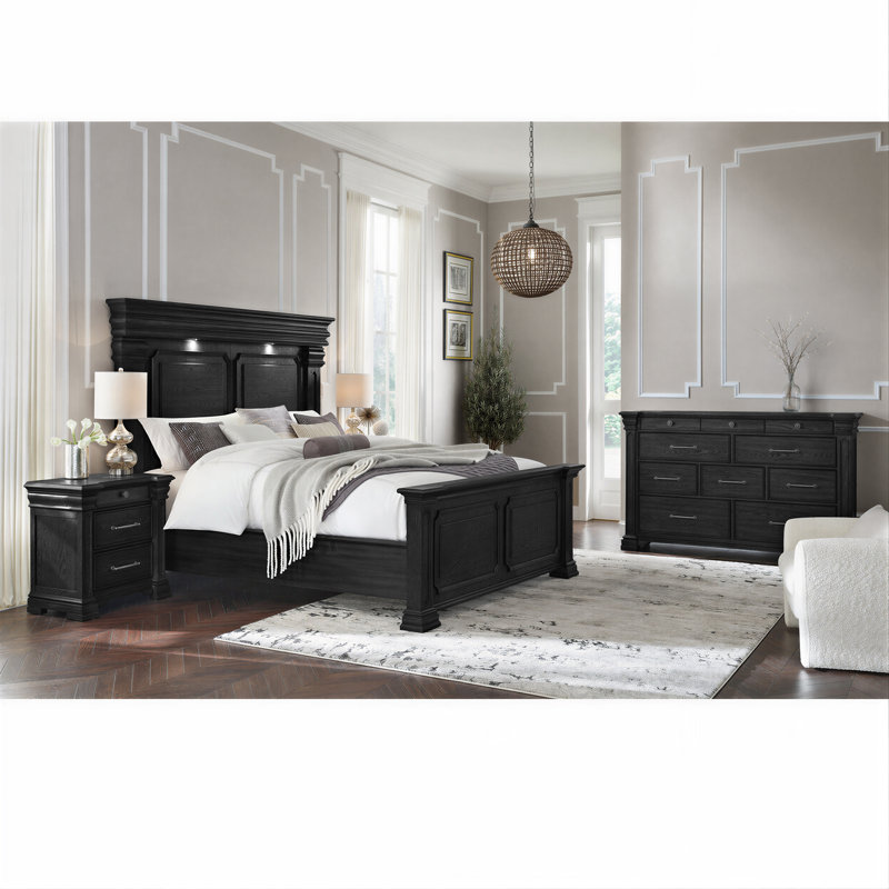Ensemble de chambre à coucher Giesecke, 5 Pcs: Bed, Dresser, Chest, 2 Nightstands, Grand lit, Black