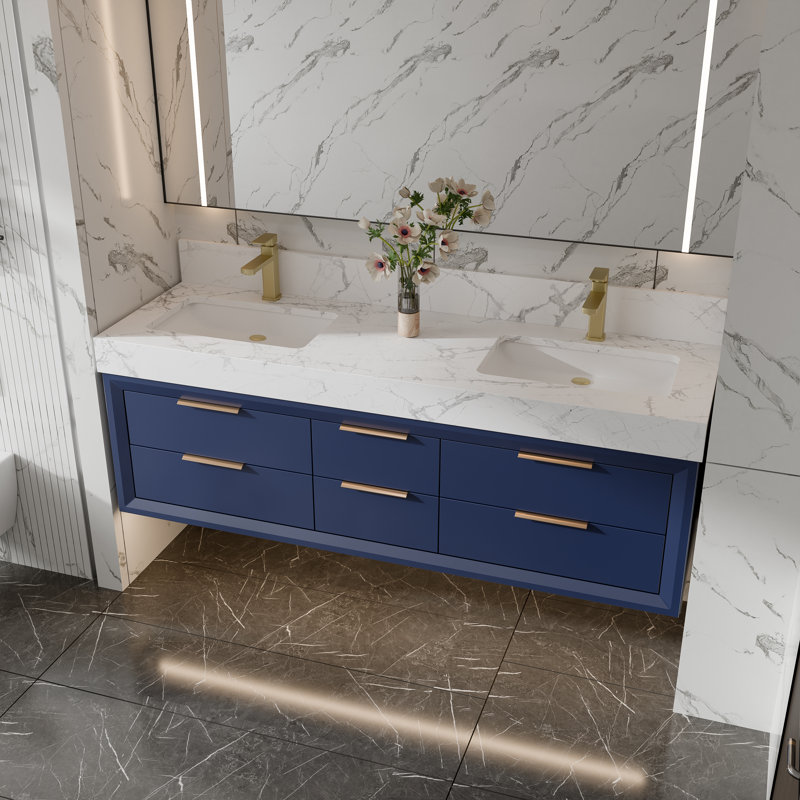 Meuble-lavabo mural de 60 po avec armoire en bois massif Melora, comptoir en pierre naturelle, tiroirs à fermeture en douceur et éclairage de designer DEL Melora