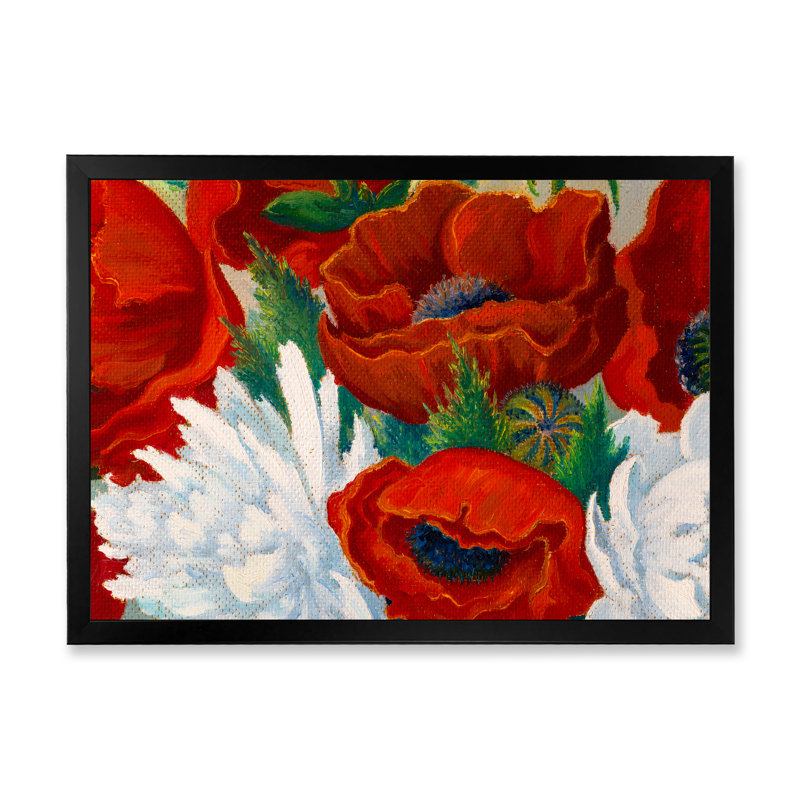 Nature morte aux coquelicots rouges et aux fleurs blanches II - reproduction sur toile, H 8 po x l 12 po x P 1 po, Cadre noir