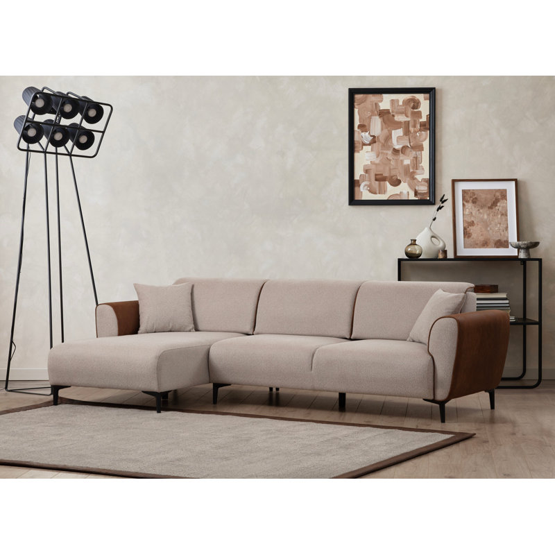 Stylish Corner Sofa-Bed, Beech Wood & Chipboard Frame, 85 x 102.4 x 33.5 inches | 100% Polyester Fabric, Turnable Back Mechanism, Soft Grey Foam & Silicone Foam, Easy-Clean, Beige & Cinnamon Colors, Perfect for Space-Saving Comfort