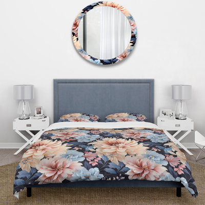 Pink And Blue Timeless Peony Delights Polyester Box Stitch Floral Duvet Cover Set