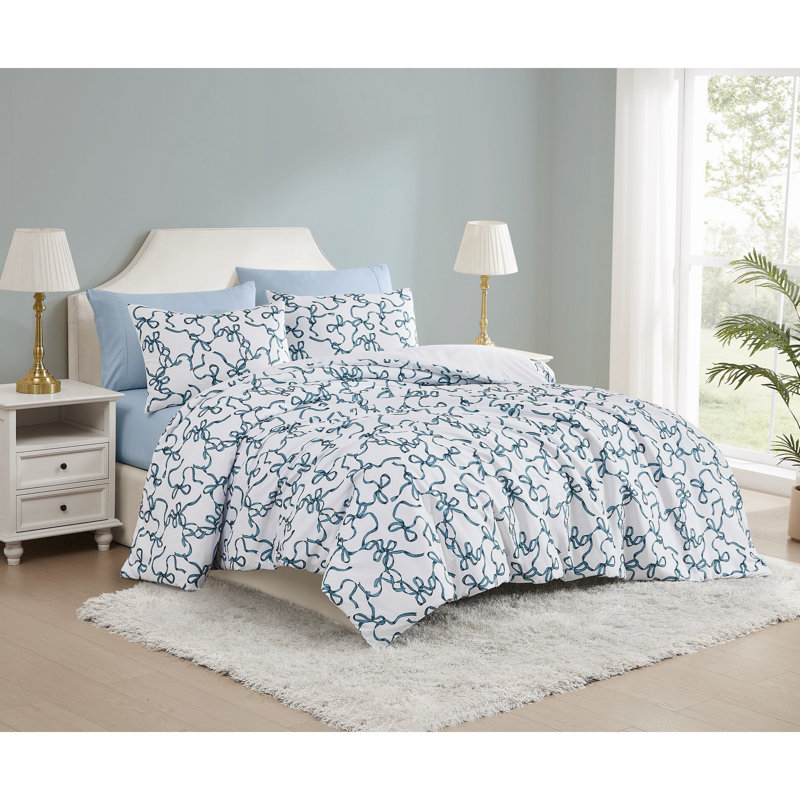 Ensembles d'édredon en microfibre à imprimé arc Trely Soft, Édredon simple + 2 taies décoratives, Blanc / Bleu