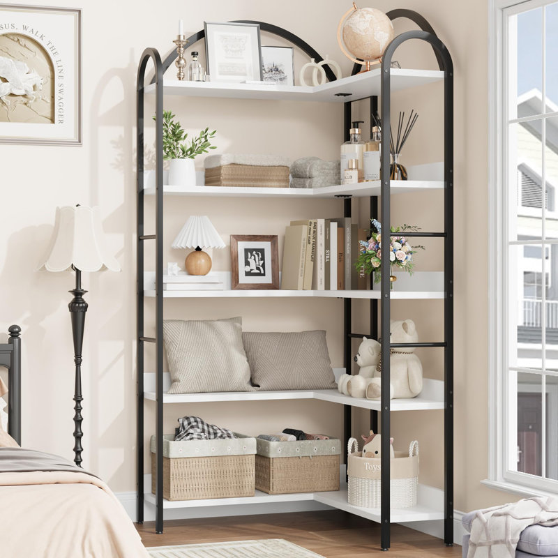 Arched Corner Bookshelf, 68.5" Tall 5-Tier Industrial Wood & Metal Bookcase, Space-Saving Storage Display Shelf, White