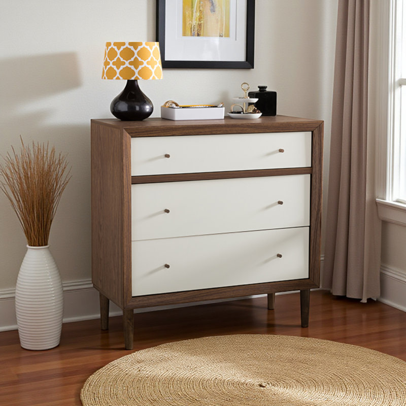 Commode 3 tiroirs Westphal en bois manufacturé blanc / noyer, H 37,25 po x l 35,14 po x P 16,3 po