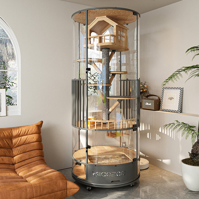 Maison de chat rotative panoramique avec litière intégrée