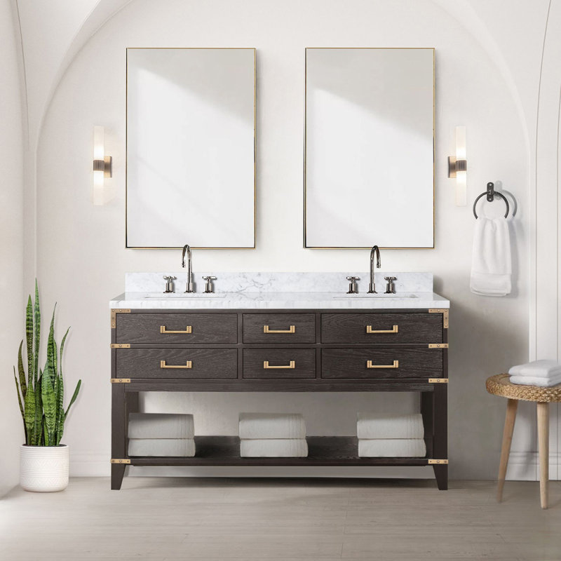 Meuble-lavabo double en chêne brun 60 po X P 22 po D, 60", Chêne brun
