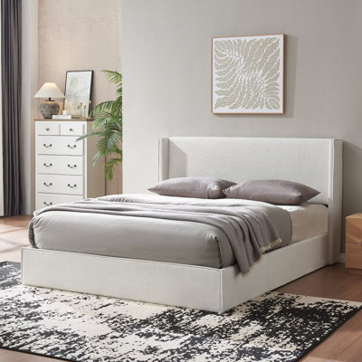Queen Corduroy Hydraulic Lift Up Storage Bed Frame with Upholstered Wingback, No Box Spring Needed, Cream