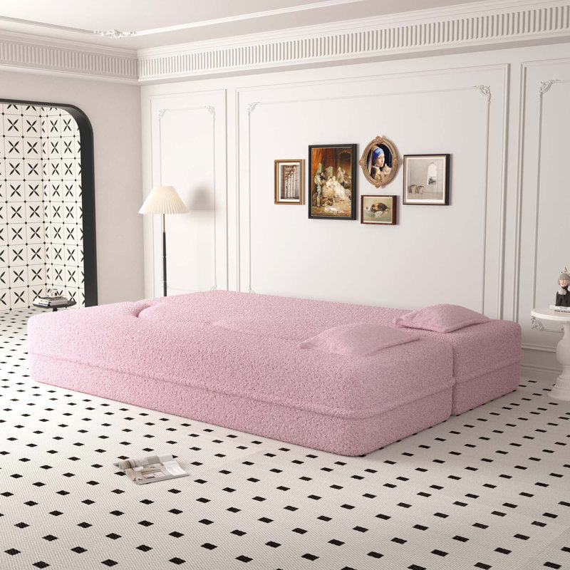 Canapé de sol avec 2 coussins, tissu convertible en peluche, Rose