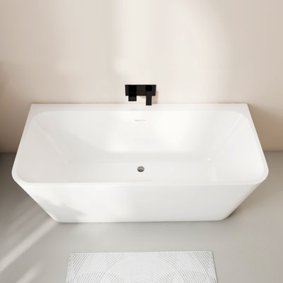 Baignoire autoportante HIGEINE 67 po en acrylique, baignoire profonde, baignoire moderne adossée au mur avec bonde centrale intégrée et trop-plein