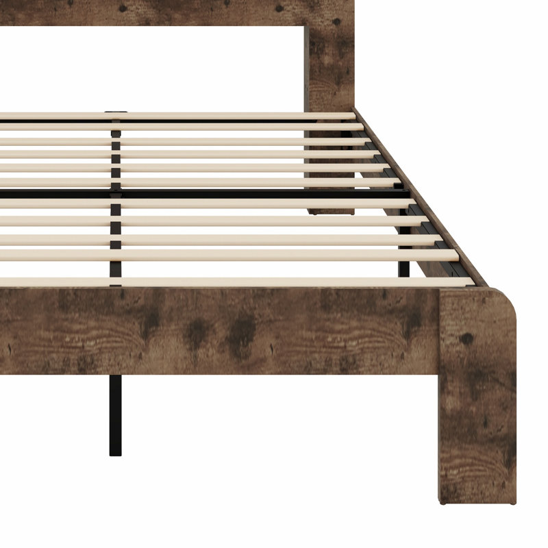 Lit plateforme moderne en bois avec tête de lit et rangement USB à DEL, Lit double 