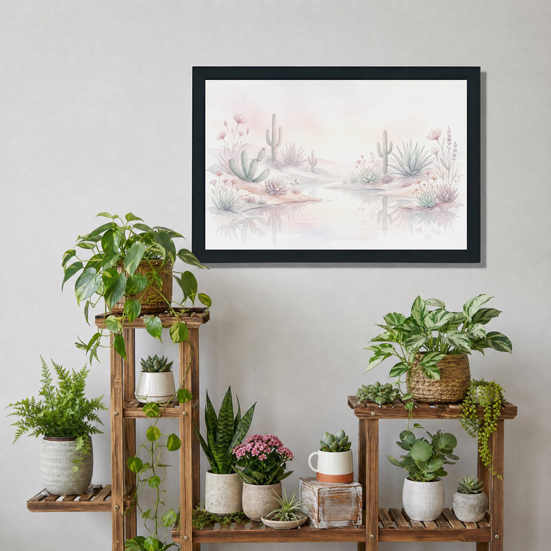 Tableau sur toile aquarelle pastel représentant un cactus et des plantes succulentes., H 12 po x l 18 po
