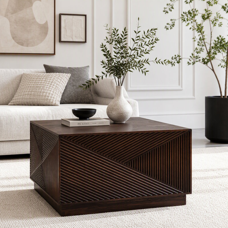 Table basse carrée avec combinaison de couleurs modernes, H 15,35 po x l 27,56 po x P 27,56 po, Walnut