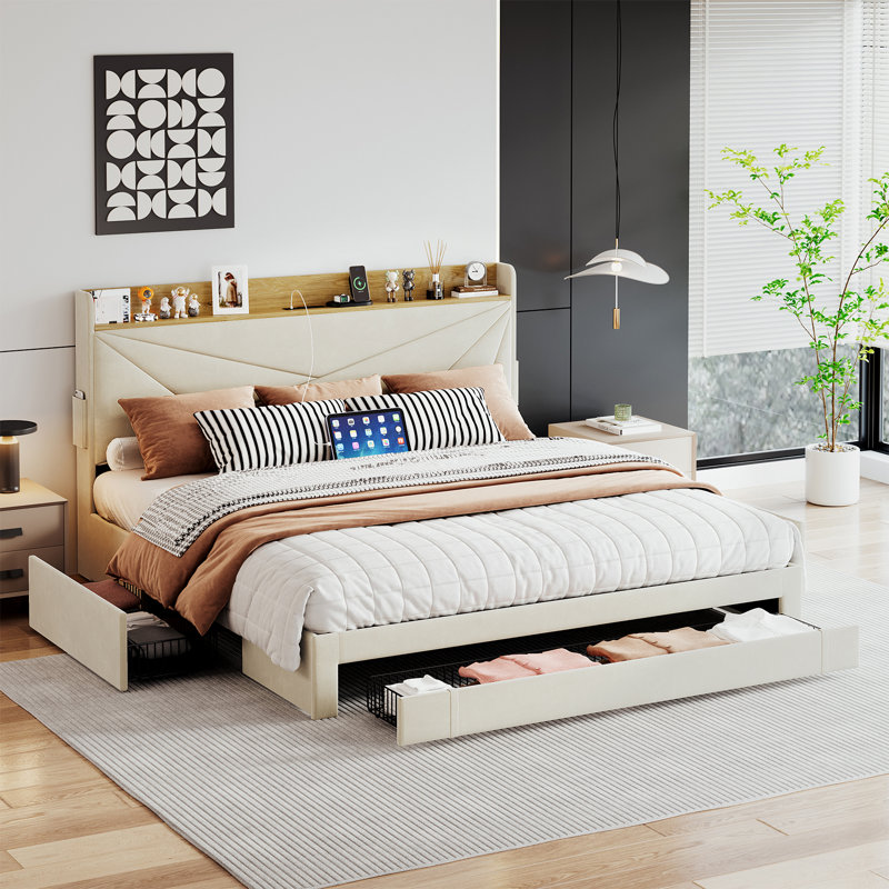 Bed Frame with Headboard, Farmhouses Platform Bed Frame with 3 Storage Drawers and USB Port for Home, Hotel, Guesthouse, King