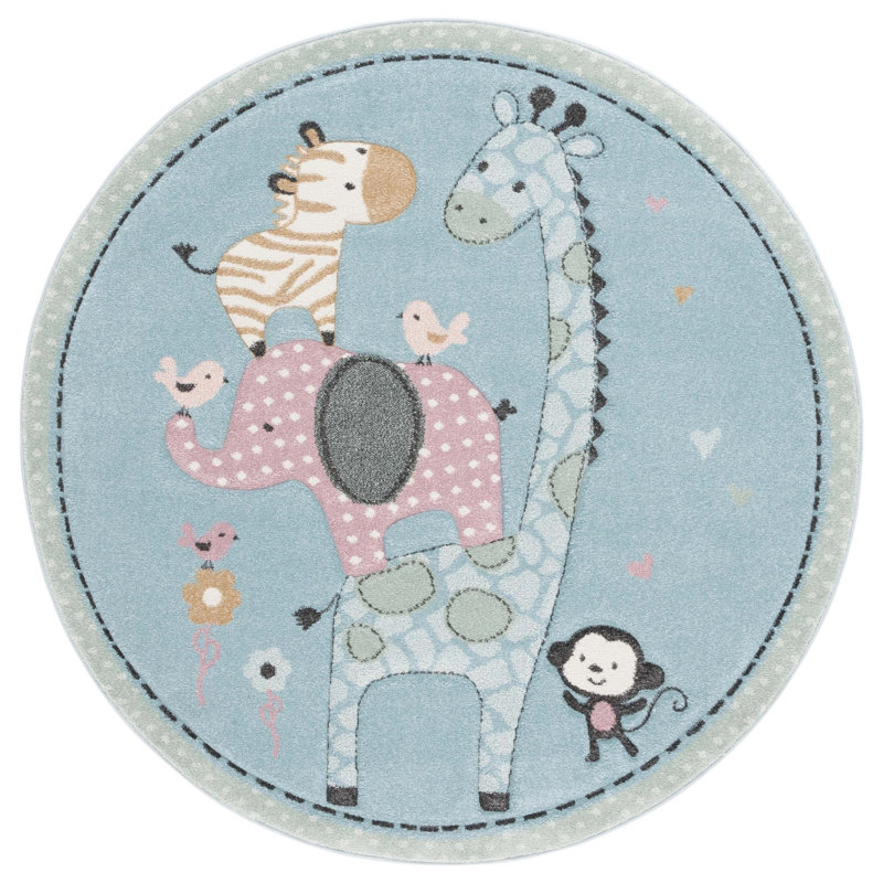 Tapis bleu en polypropylène tissé à la machine Featherste, Rond 5 pi 3 po