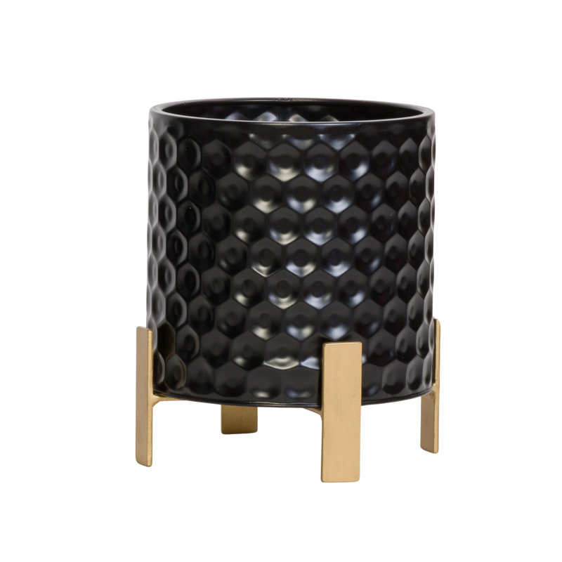 Black Honeycomb Metal Planter with Gold 4-Leg Base