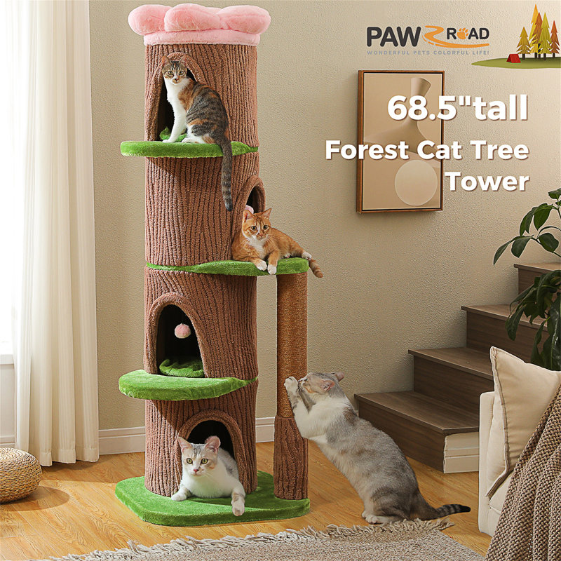 Arbre à chat en bois avec perchoir à fleurs, tour à chat moderne de 53,5 po avec poteau à griffer en bois massif naturel (Φ3,8 po), grand arbre à chat en bois robuste avec 2 condos pour les maisons intérieures et multi-chats