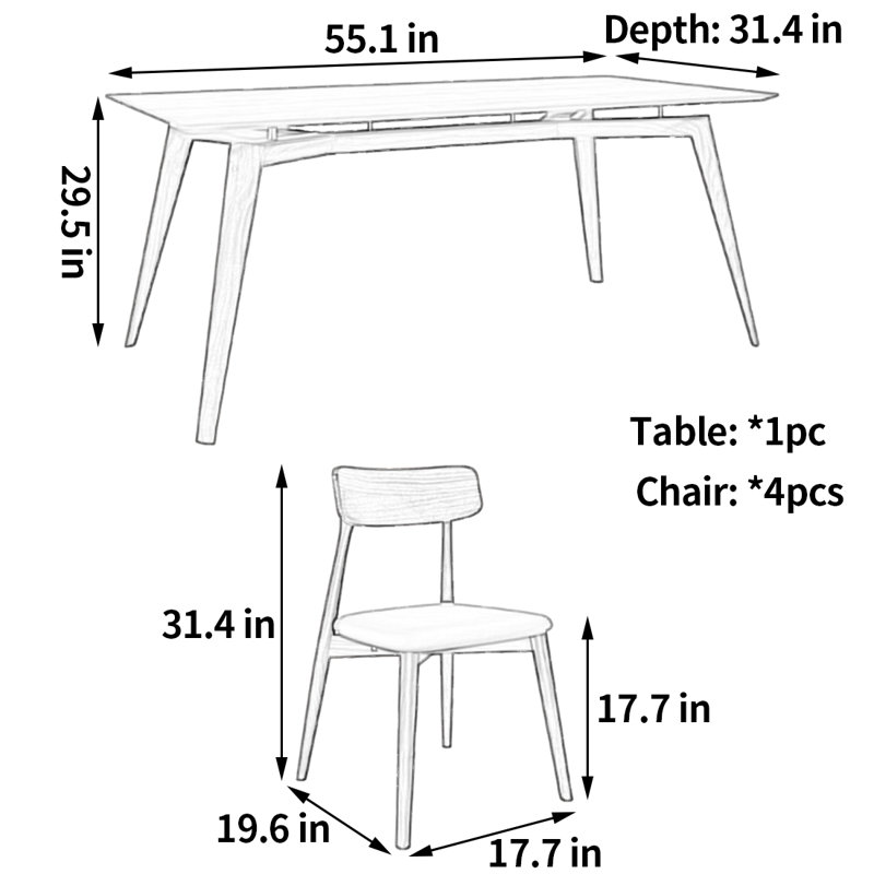Simple classic dining table and chair, 29.5"H x 55.1"L x 31.4"W