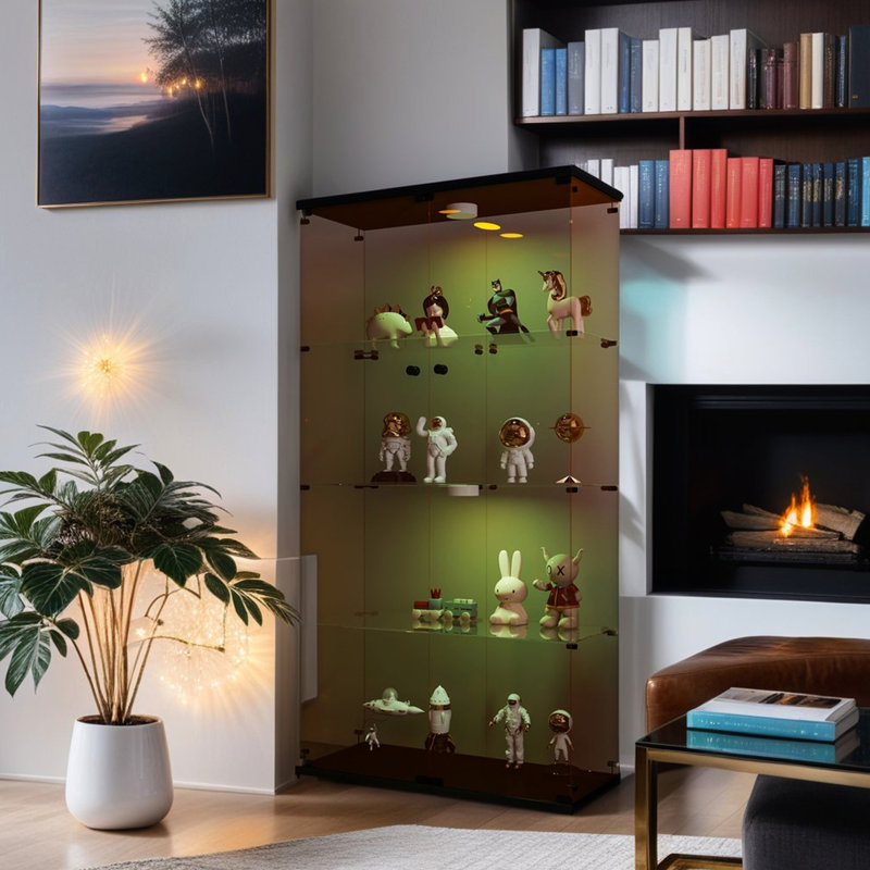 Two Door Brown Glass Display Cabinet, 4 Shelves, Lights, 12 Color Options Remote Control, 5Mm Tempered Glass, Solid Wood, 63H X 31.78L 14.6W Brown, Battery