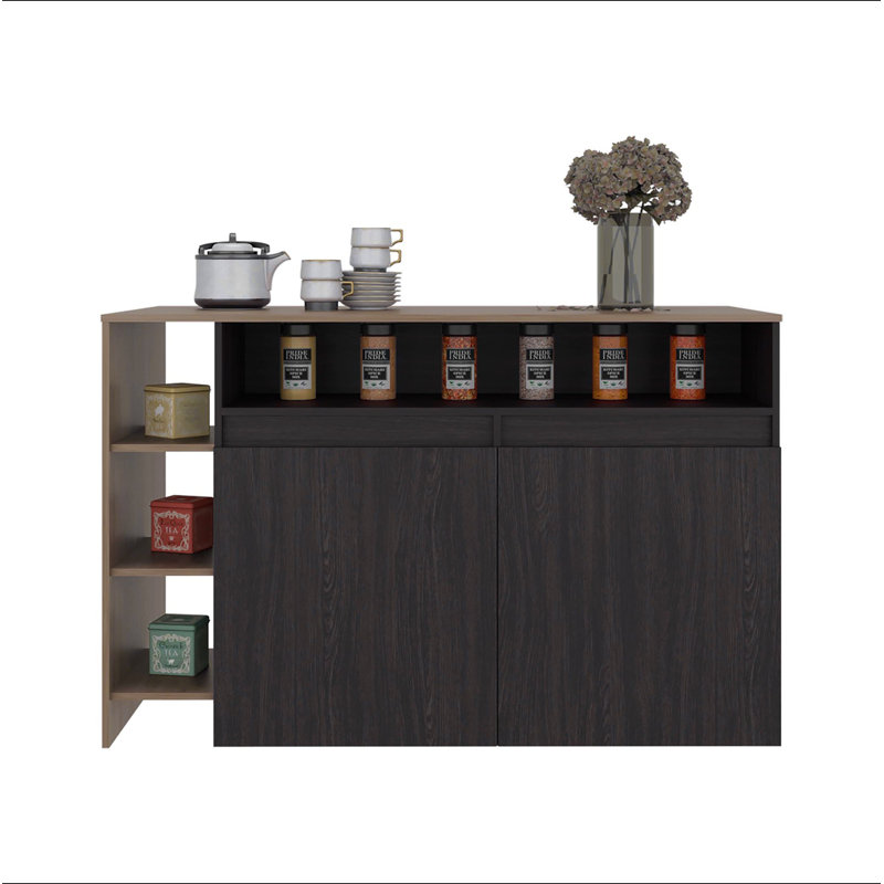 Îlot de cuisine 2 portes en wengé et chêne naturel, H 35,4 po x l 55 po x P 25,7 po