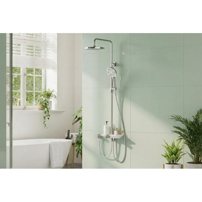 Shower Riser Rail Kit with Storage Shelf – 25 cm Round Rainfall Shower Head & 3+1 Function Handheld with Power Jet Spray, Height-Adjustable Shower Column, Chrome (Mixer Not Included)