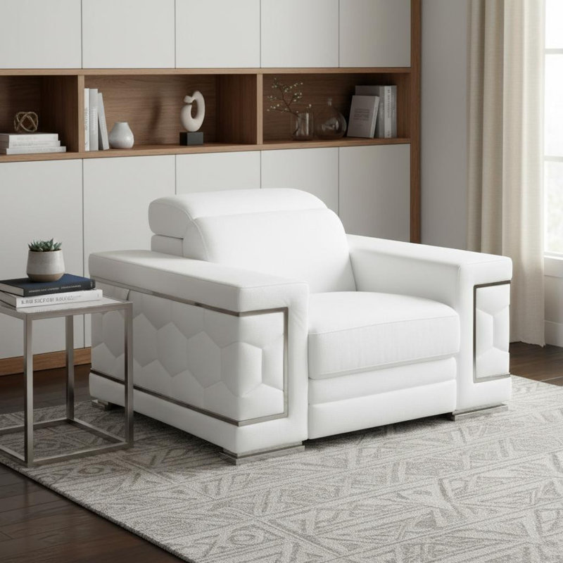  Fauteuil blanc en cuir véritable avec accents argentés, White