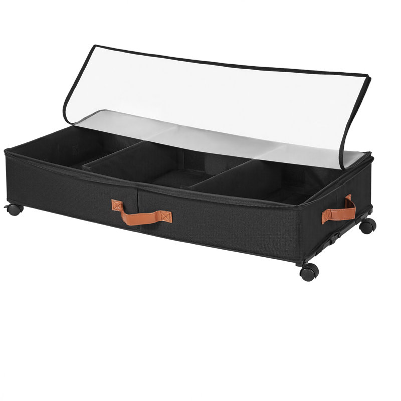 Boîte de rangement noire sous le lit avec roulettes, contenant de rangement sous le lit avec séparateurs, couvercle transparent et poignées, organisateur pliable sous le lit pour les vêtements, les couvertures et la literie