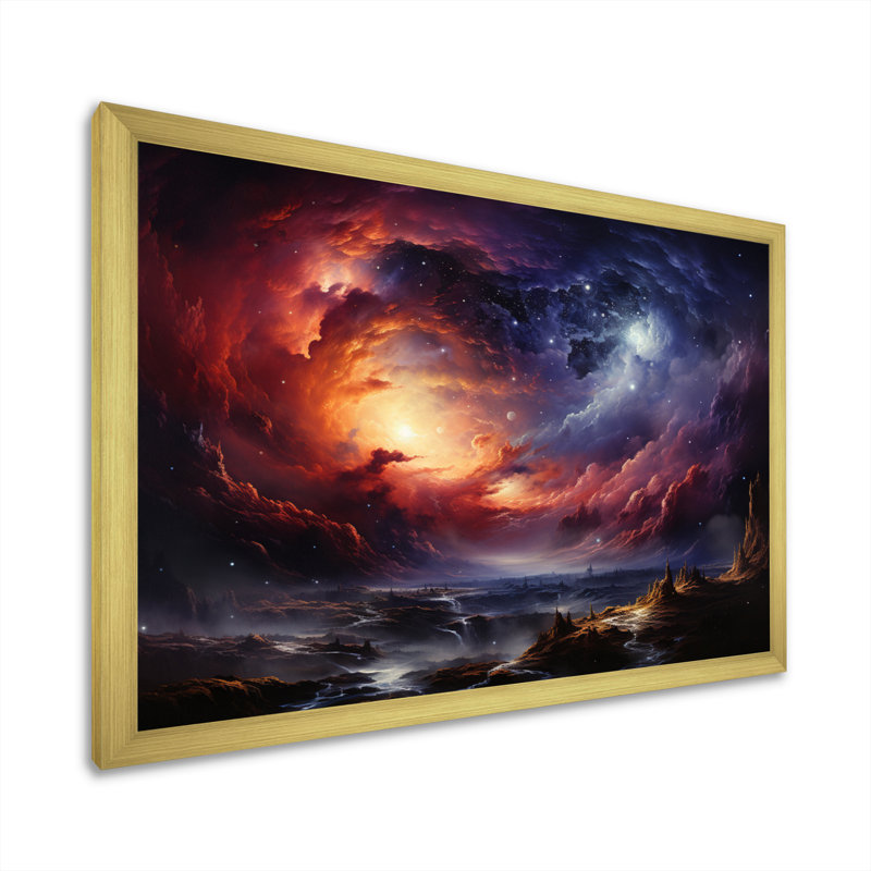 Rêves astronomiques oranges et mauves sur toile, H 24 po x l 32 po x P 1 po, Encadrement doré