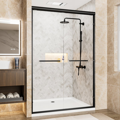44"-48" W X 72" H Matte Black Aluminum Frame Double Sliding Shower Door, 1/4" (6Mm) Clear Tempered Glass With Explosion-Proof Film, Dual Stainless Steel Handles