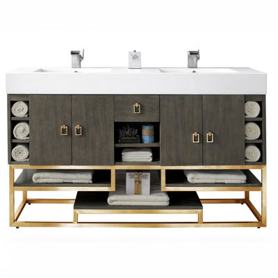 Tahoe 59" Double Vanity, Silver Oak, Gold Base w/ Glossy White Composite Top