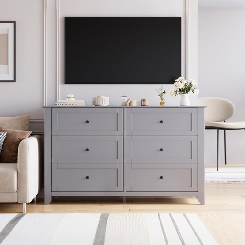 Grey 6-Drawer Dresser, Modern Wood Chest with Deep Drawers & Nickel Handles, Gray