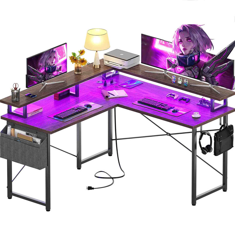Walnut and Black L-Shaped Gaming Desk with Power Outlet