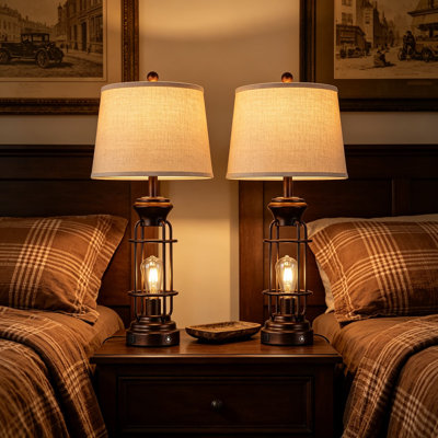 Set of 2 Farmhouse Table Lamps for Living Room, 28.5 Inch Touch Lamps for Nightstand with USB C and A Charging Ports, 3-Way Dimmable Bedroom Lamps with LED Bulbs Included, Retro Bronze Finish