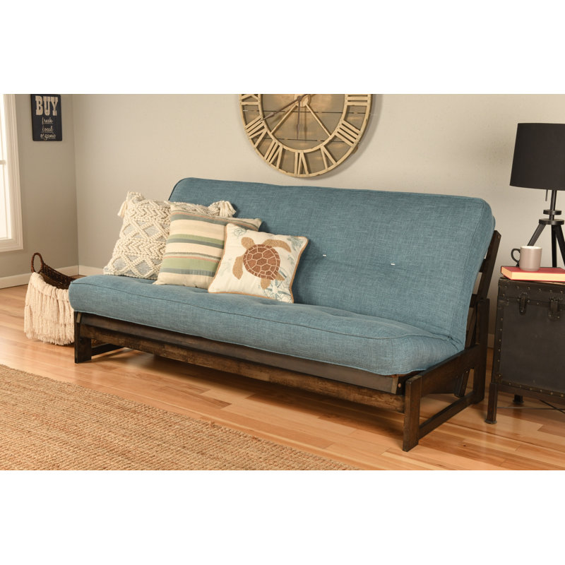 Stratford Full Size 76" Wide Futon Frame and Mattress, Aqua Linen