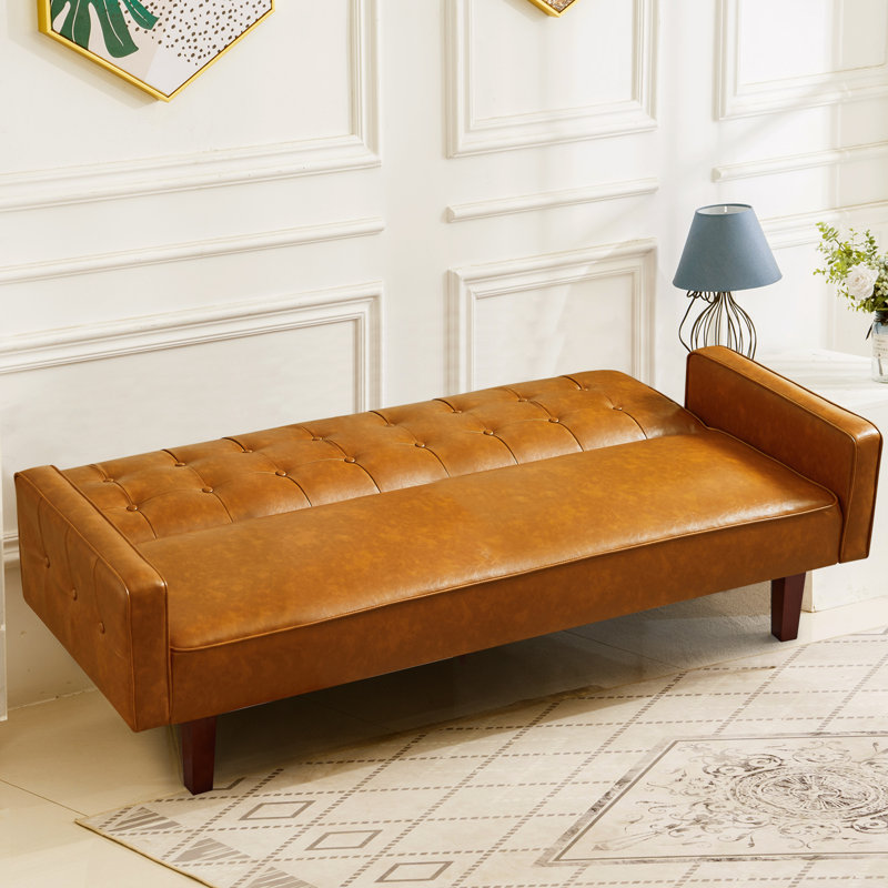 74.4'' Faux Leather Square Arm Sofa Bed,  Brown PU Leather, 66.14" W x 28.93" H x 37.79" D